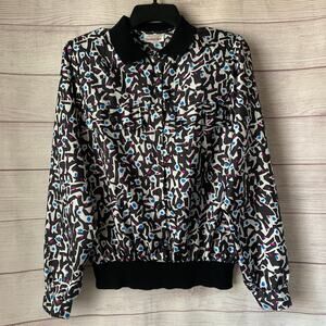 Vintage Lauren Lee Black Colorful Abstract Bomber Blouse Pullover Partial Button